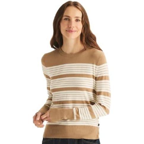 imageNautica Womens Crewneck Stripe Long Sleeve Crewneck SweaterCamelIvory