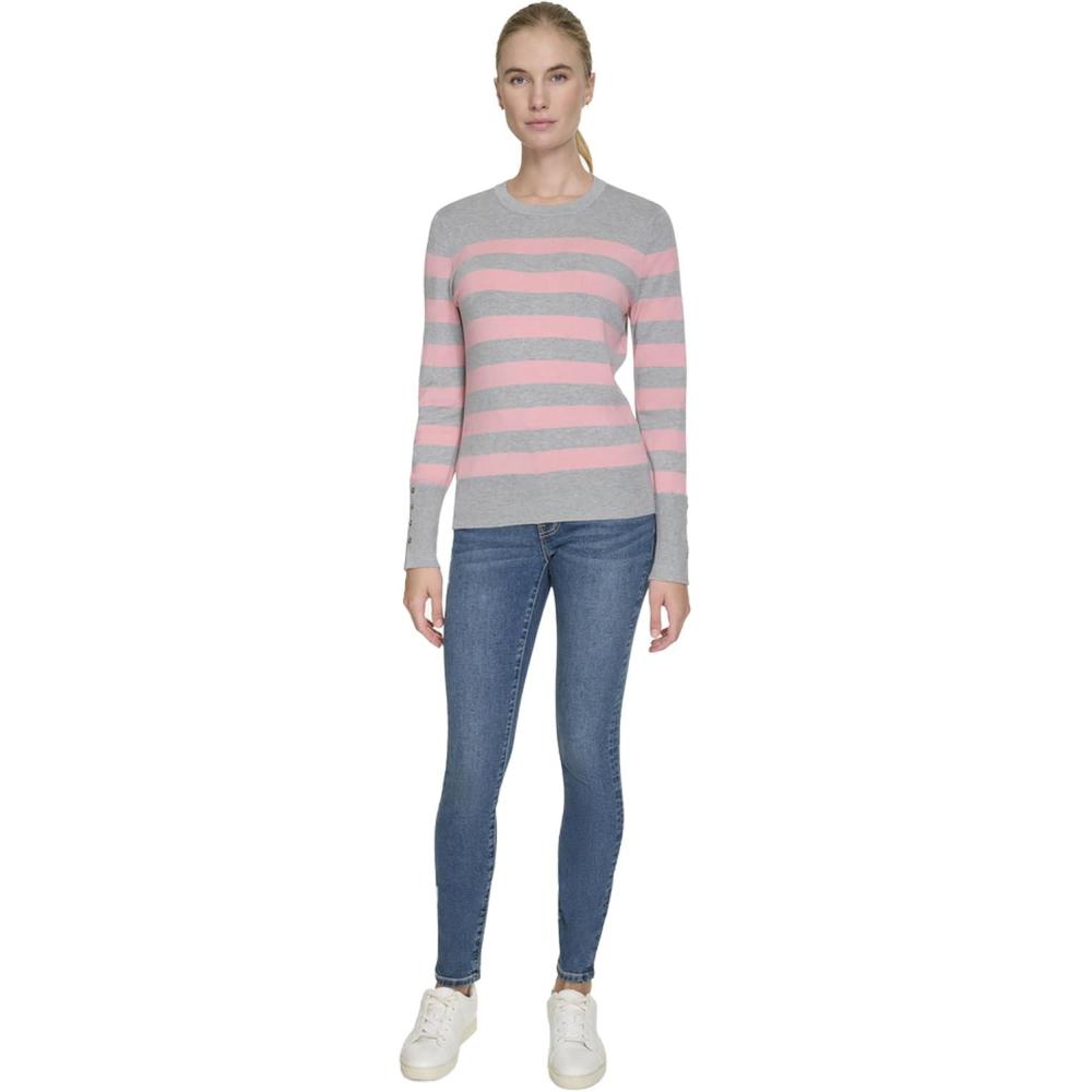 imageNautica Womens Crewneck Stripe Long Sleeve Crewneck SweaterMist Heather Multi