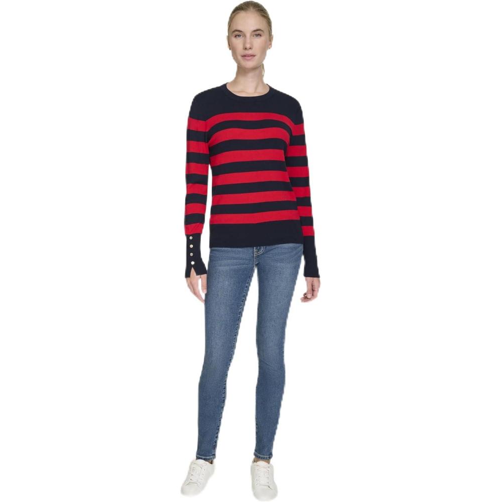 imageNautica Womens Crewneck Stripe Long Sleeve Crewneck SweaterNight Sky Regatta Red