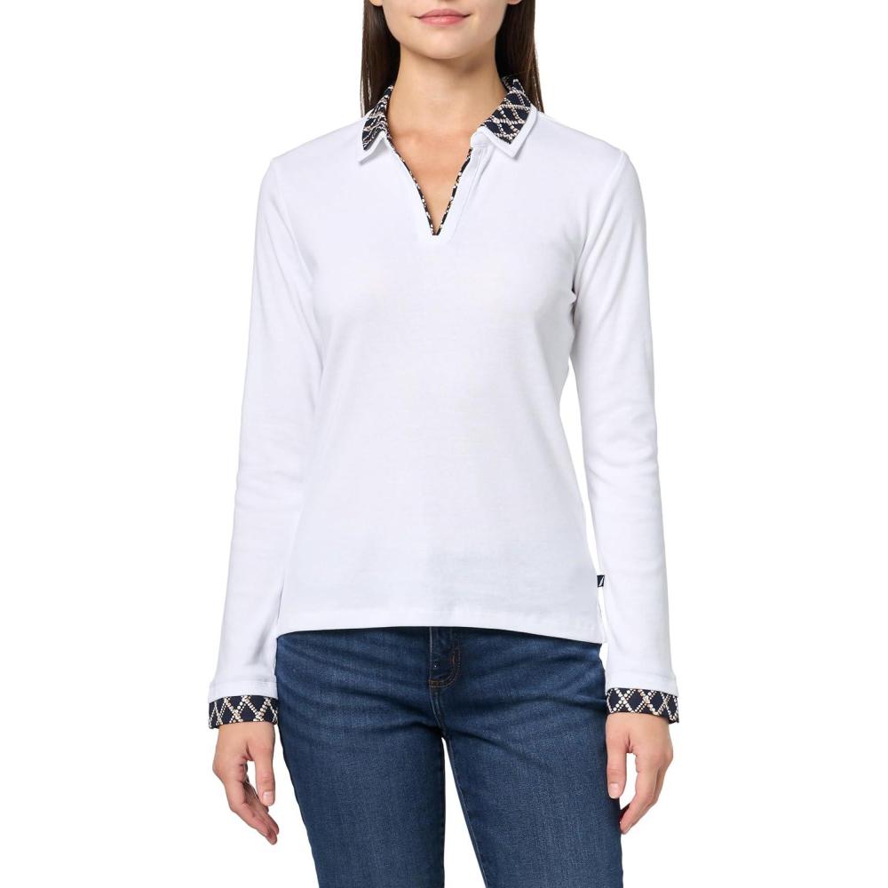 imageNautica Womens Double Collar Long Sleeve VNeck Twofer Johnny Collar Knit TopBright White