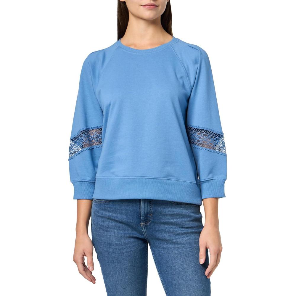 imageNautica Womens Lace Sleeve Patch Shoulder Pleats Crewneck Soft Lace Placement SweatshirtBlue Haze
