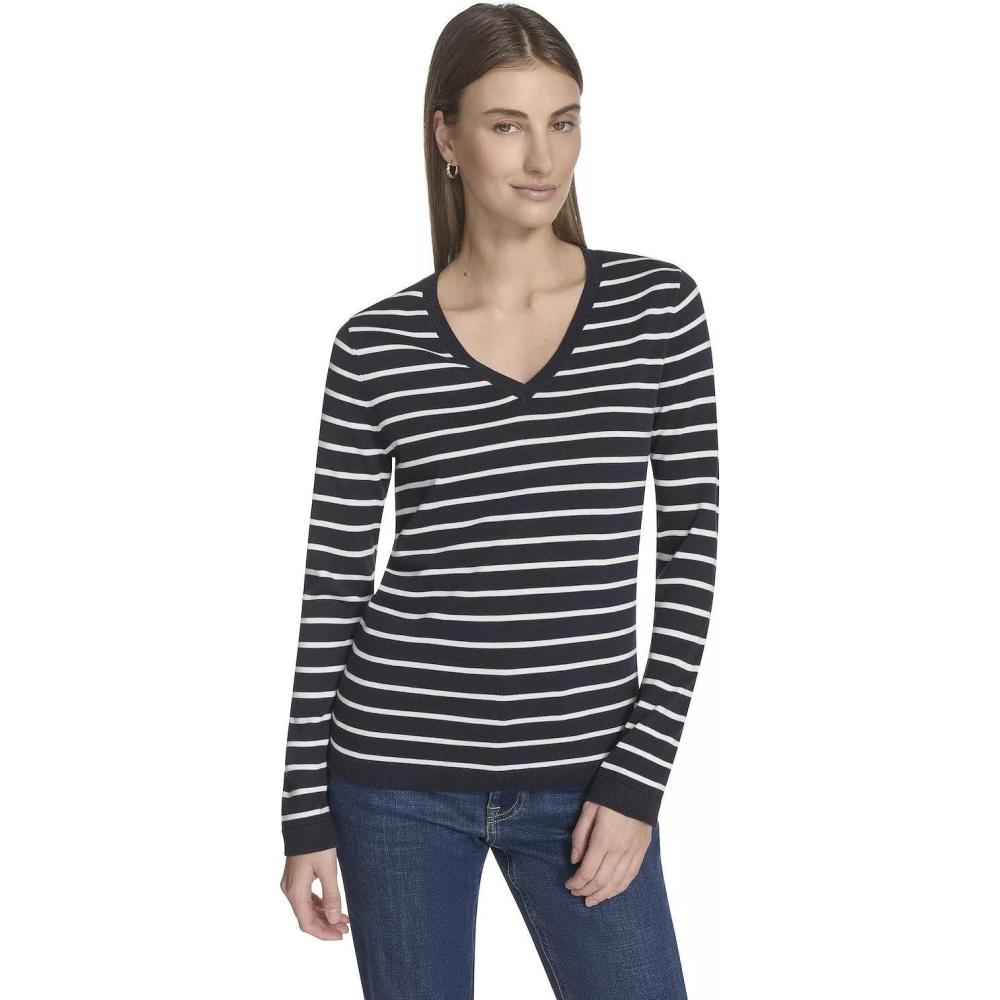 imageNautica Womens Long Sleeve Cable VNeck SweaterNight SkyWhite Swan