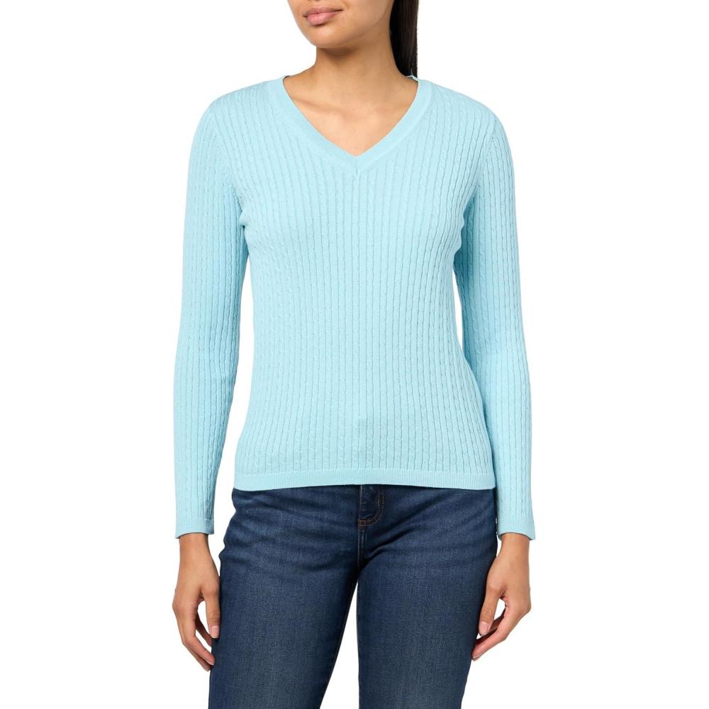 imageNautica Womens Long Sleeve Cable VNeck SweaterPorcelain Blue
