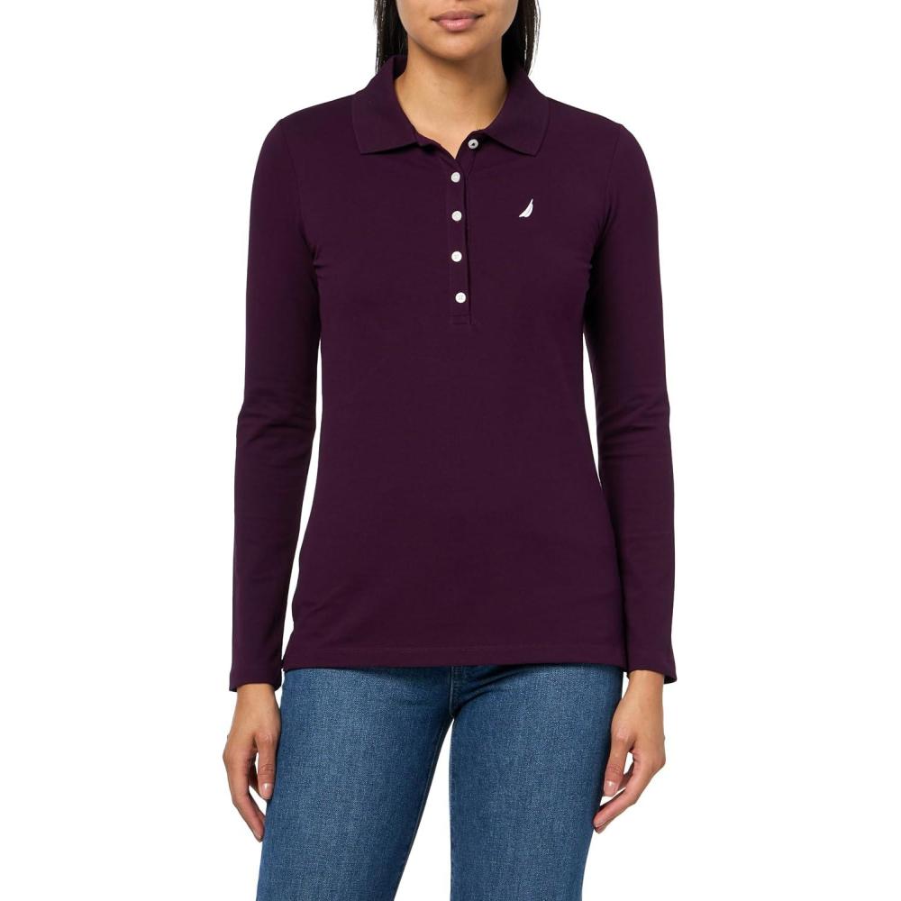 imageNautica Womens Long Sleeve Solid Collared Polo ShirtAubergine