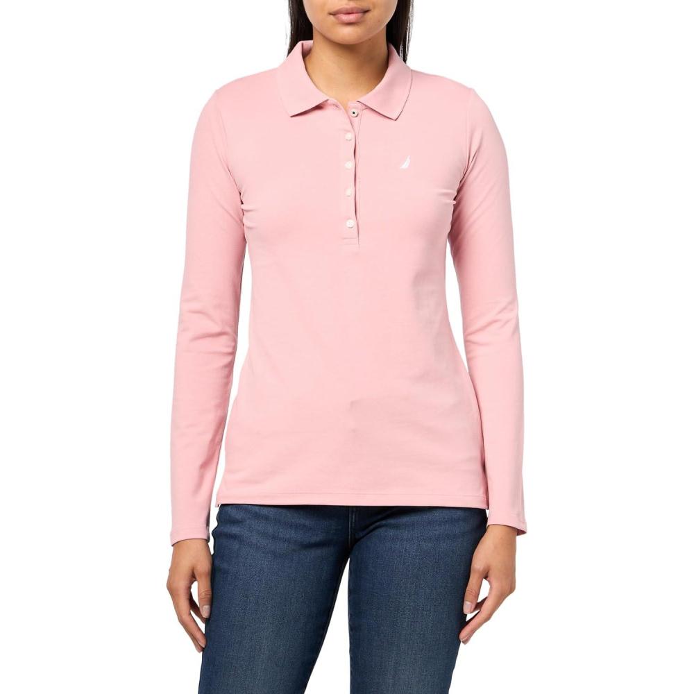 imageNautica Womens Long Sleeve Solid Collared Polo ShirtBridal Rose