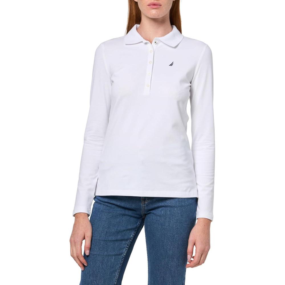 imageNautica Womens Long Sleeve Solid Collared Polo ShirtBright White