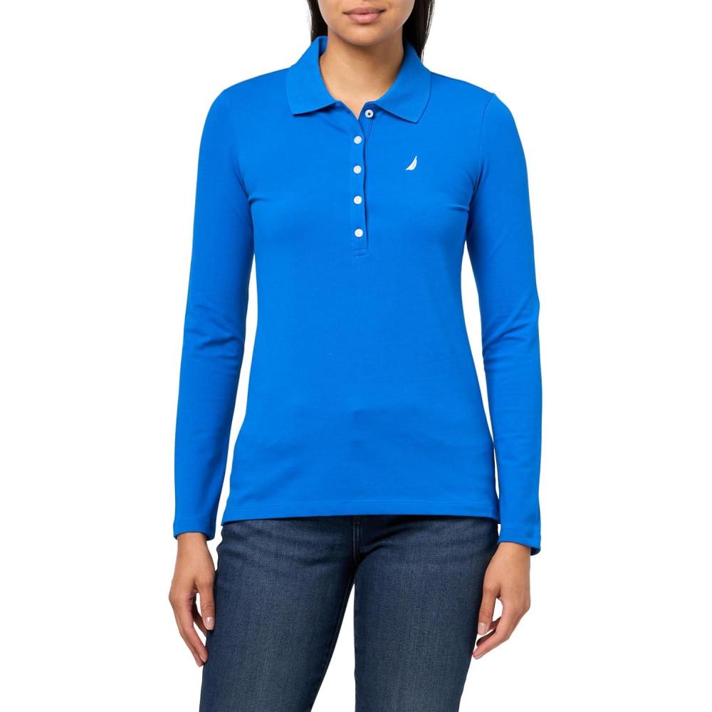 imageNautica Womens Long Sleeve Solid Collared Polo ShirtCerulean