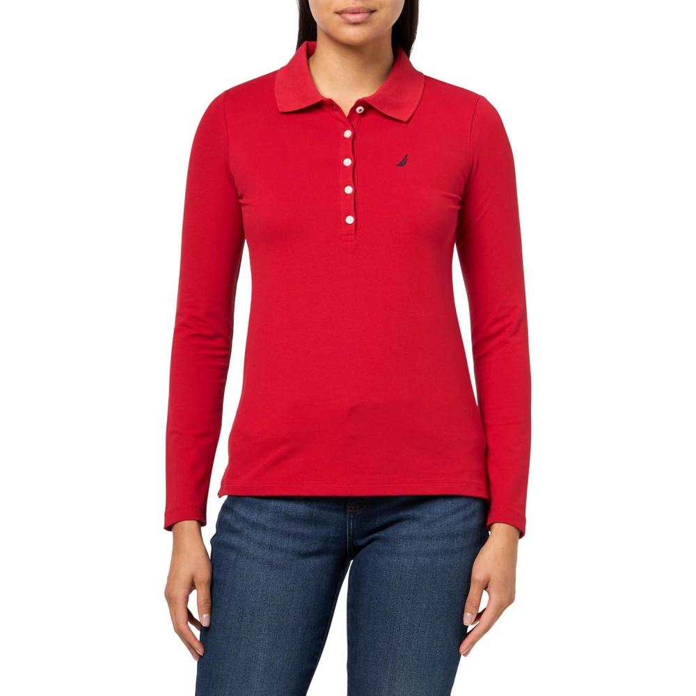 imageNautica Womens Long Sleeve Solid Collared Polo ShirtSamba