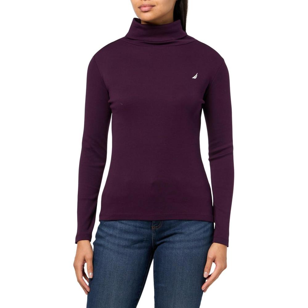 imageNautica Womens Long Sleeve Solid Turtleneck ShirtAubergine