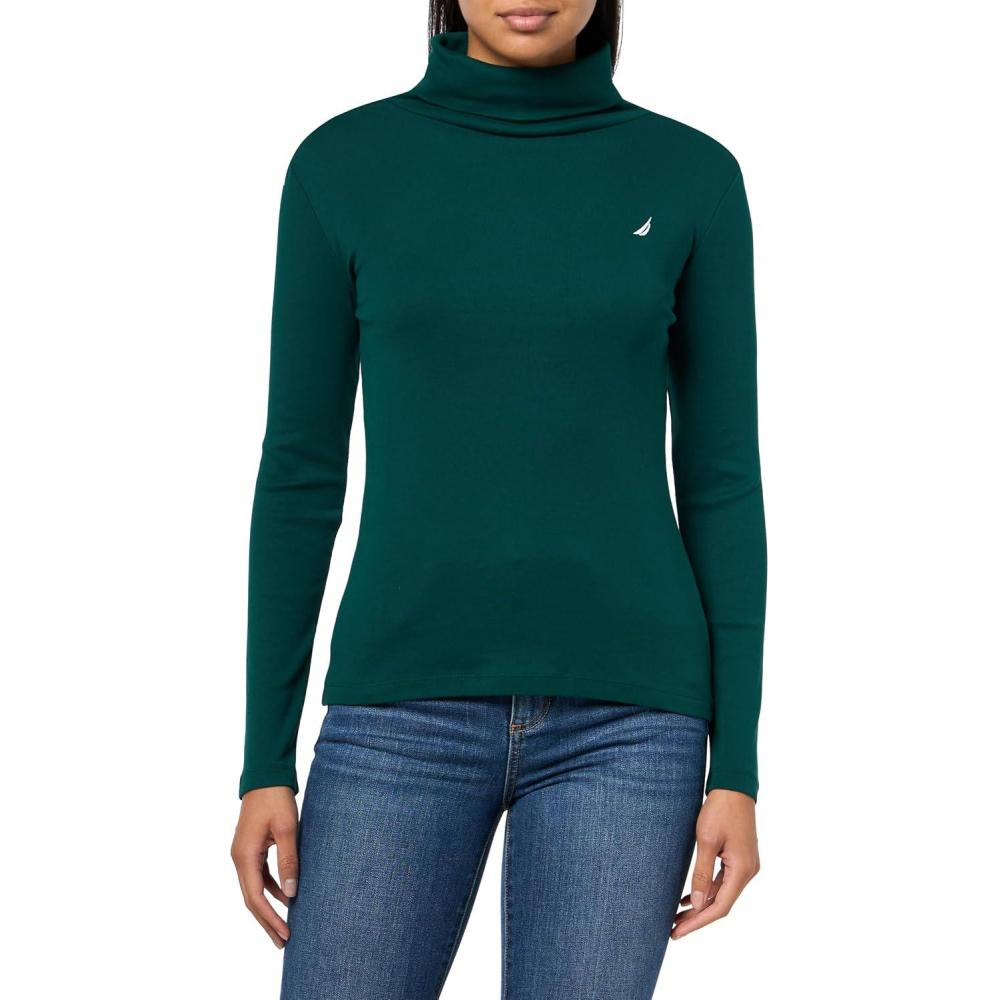 imageNautica Womens Long Sleeve Solid Turtleneck ShirtForest