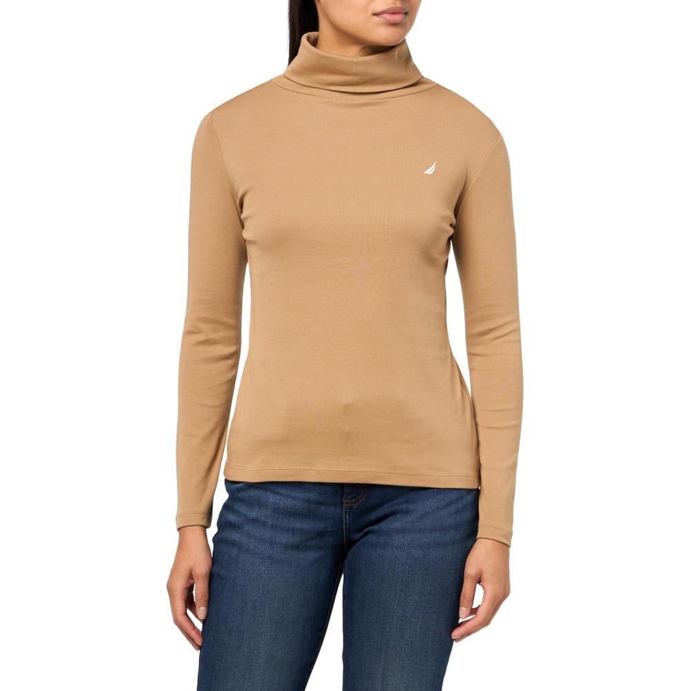 imageNautica Womens Long Sleeve Solid Turtleneck ShirtTigers Eye