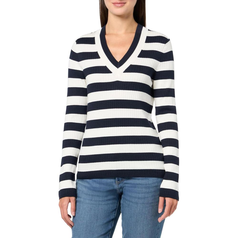 imageNautica Womens Long Sleeve Striped Vneck Ribbed SweaterNight SkyIvory
