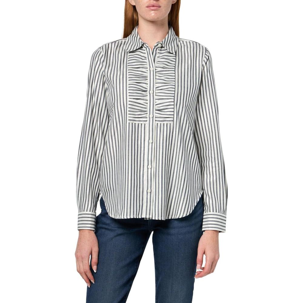 imageNautica Womens Lurex Pleated Long Sleeve Collared Striped ShirtNight Sky Multi