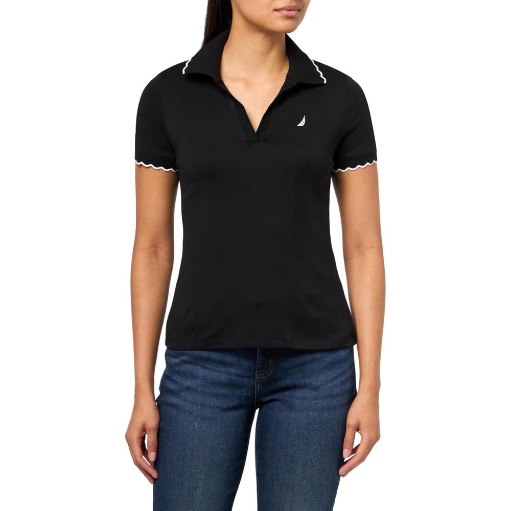 imageNautica Womens Polo Scalloped Short Sleeve Scalloped PoloBlack
