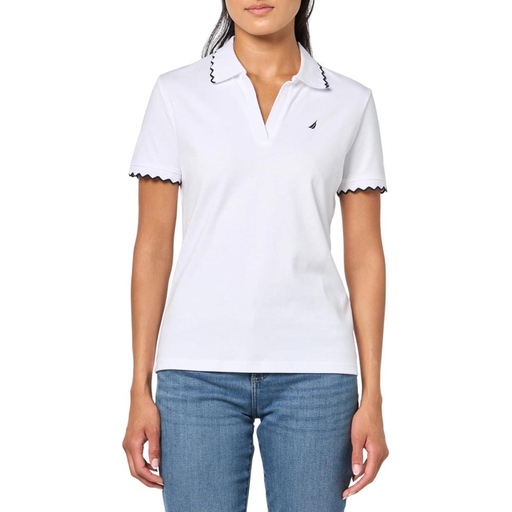 imageNautica Womens Polo Scalloped Short Sleeve Scalloped PoloBright White