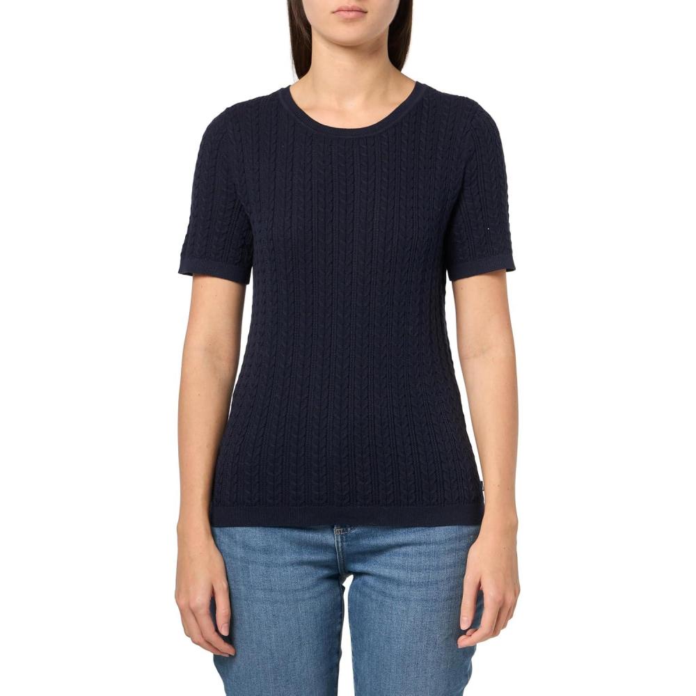 imageNautica Womens Short Sleeve Crew Neck Cable Solid SweaterNight Sky