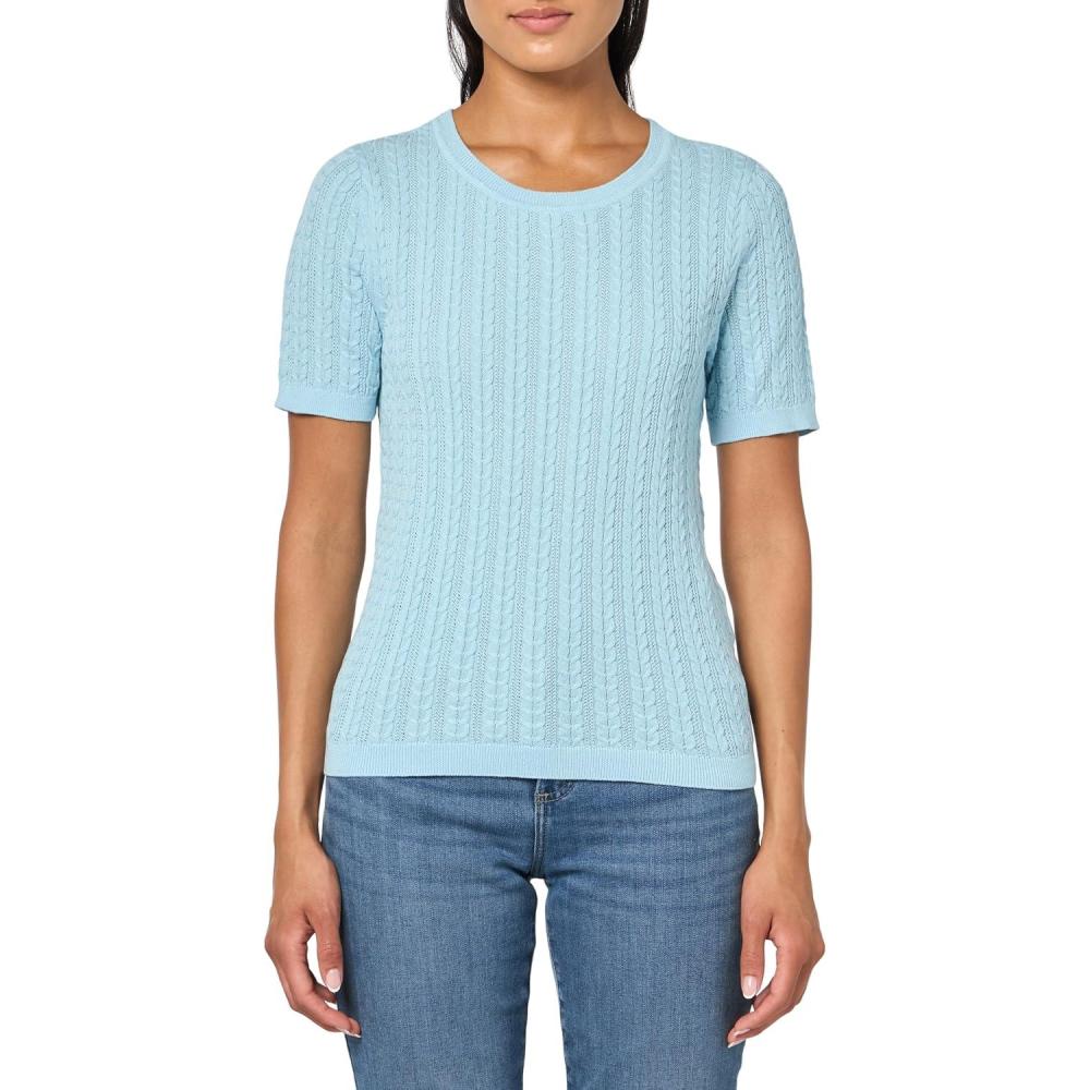 imageNautica Womens Short Sleeve Crew Neck Cable Solid SweaterPorcelain Blue