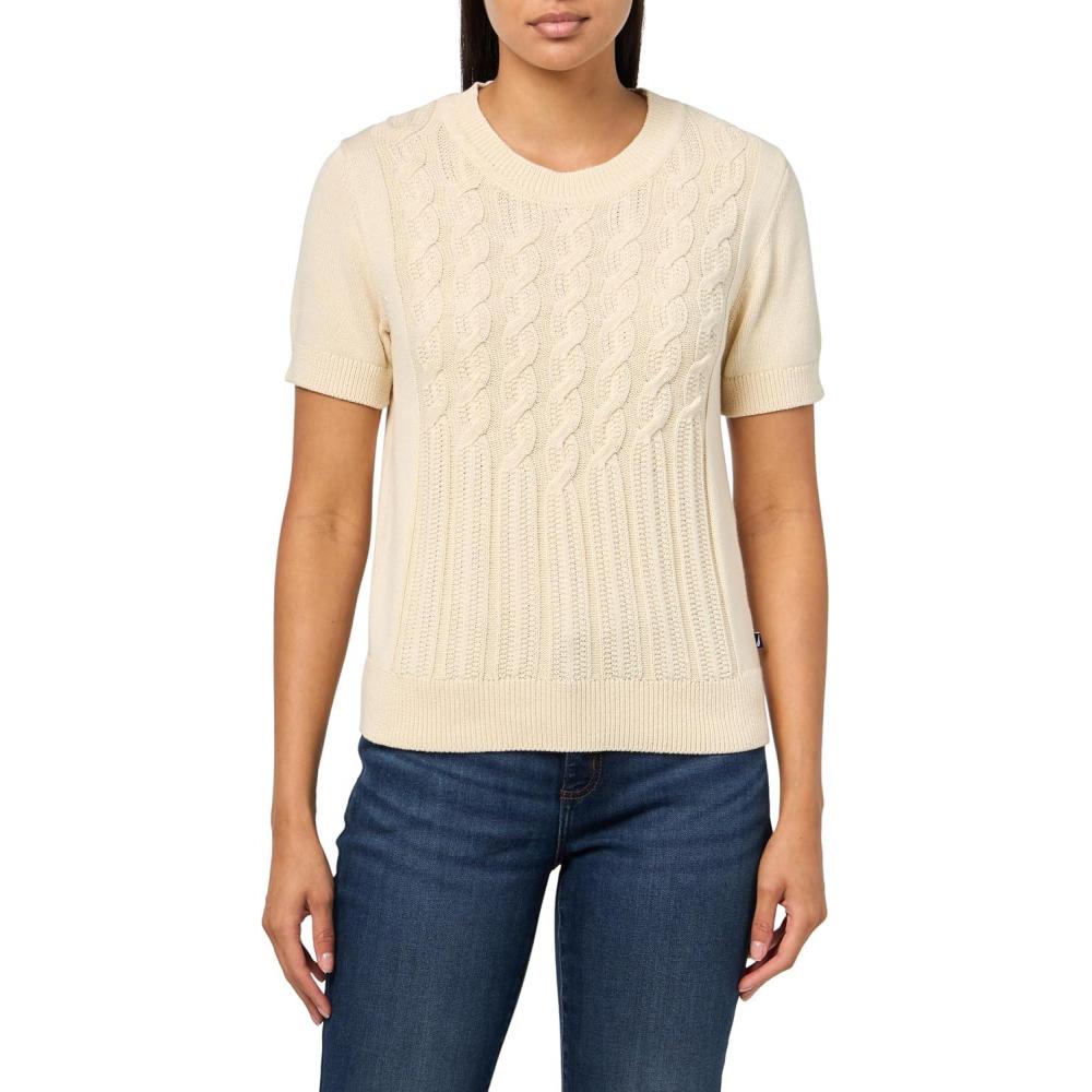imageNautica Womens Short Sleeve Crew Neck Cable Solid SweaterWhite Swan