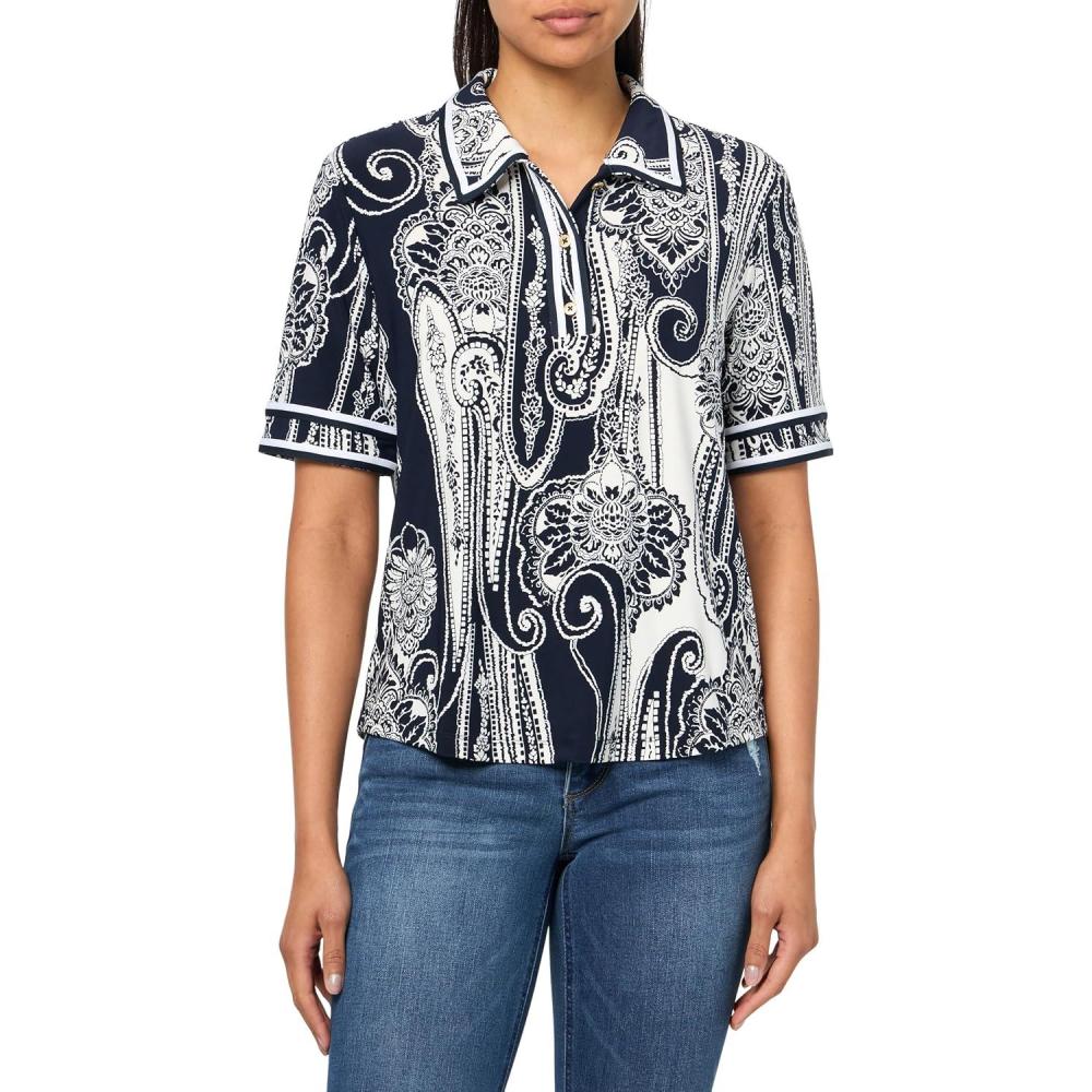 imageNautica Womens Short Sleeve Knit Paisley Print Collared PoloNight SkyIvory