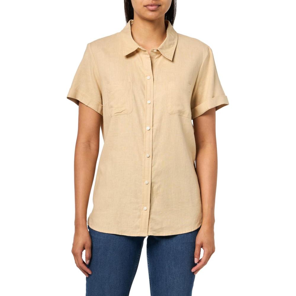 imageNautica Womens Short Sleeve Linen Blend Button Up Collared Camp ShirtIrish Cream