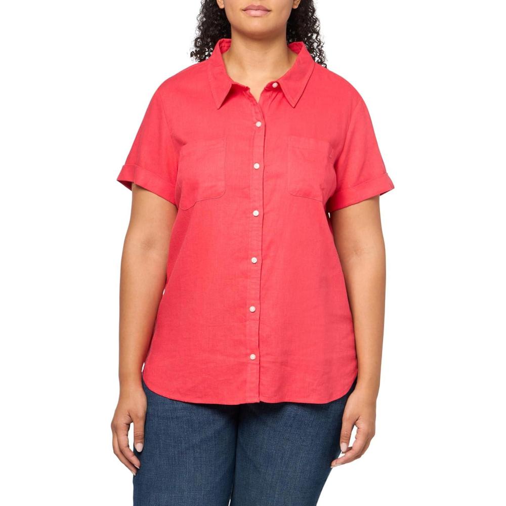 imageNautica Womens Short Sleeve Linen Blend Button Up Collared Camp ShirtParadise Pink