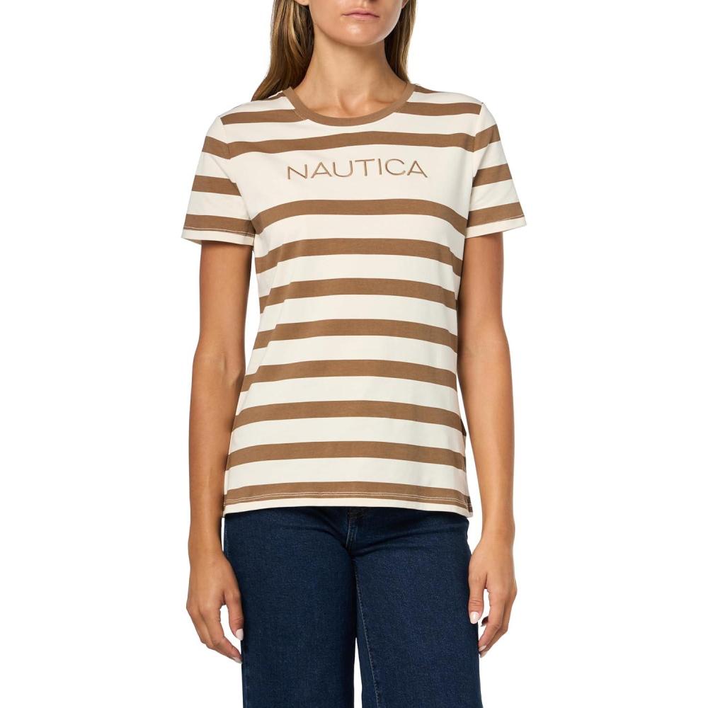 imageNautica Womens Short Sleeve Logo Graphic TShirtWhite Swan Multi