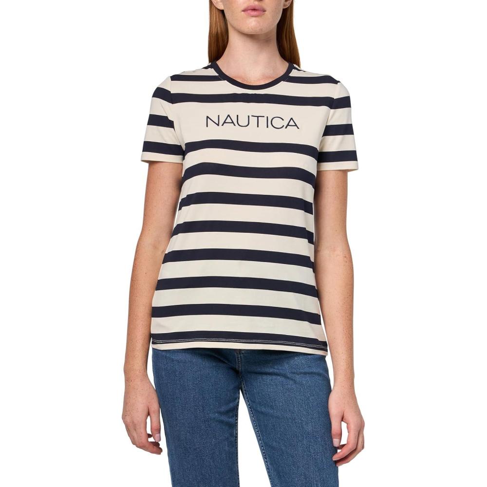 imageNautica Womens Short Sleeve Logo Graphic TShirtWhite SwanNight Sky