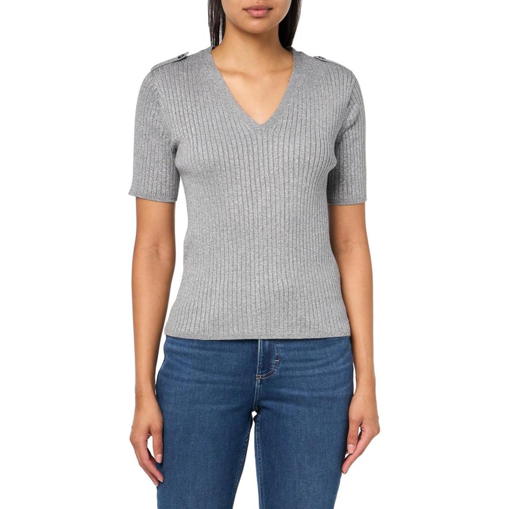 imageNautica Womens Short Sleeve Lurex VNeck PulloverHeather Mist With Silver
