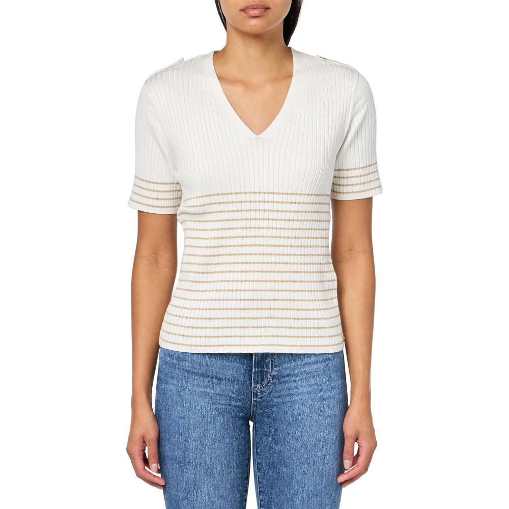 imageNautica Womens Short Sleeve Lurex VNeck PulloverIvory Multi