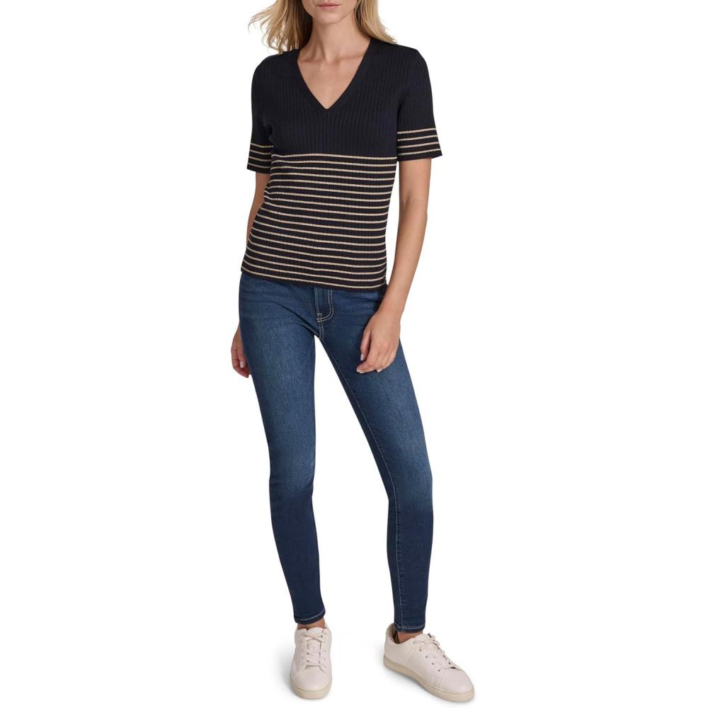 imageNautica Womens Short Sleeve Lurex VNeck PulloverNight Sky Multi