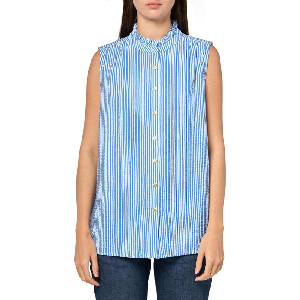 imageNautica Womens Sleeveless Pintuck Ruffle Neck Tile Print Striped ShirtPacificBright White