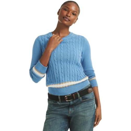 imageNautica Womens Solid Cable Long Sleeve Tipped SweaterBlue Haze Multi