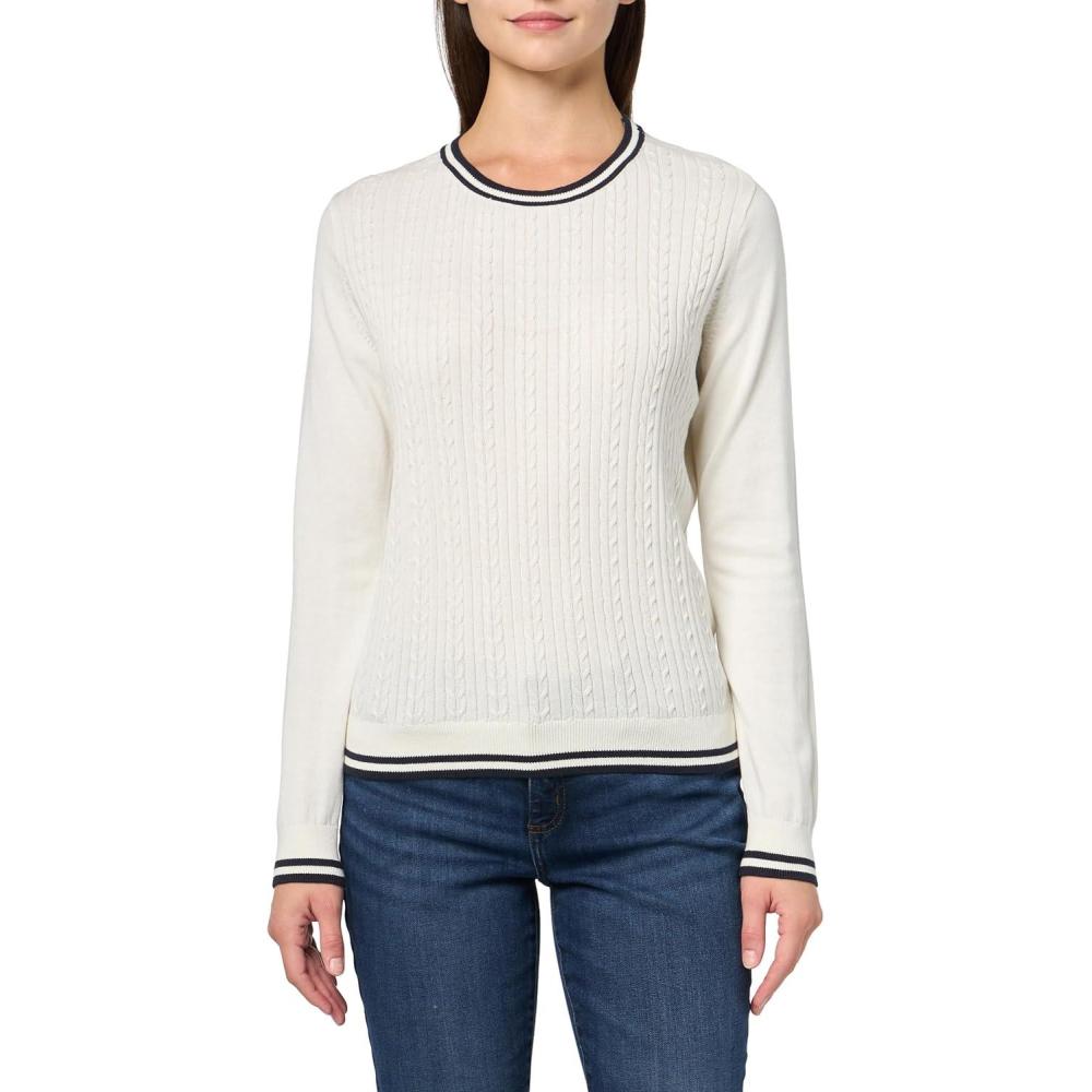 imageNautica Womens Solid Cable Long Sleeve Tipped SweaterIvoryNight Sky