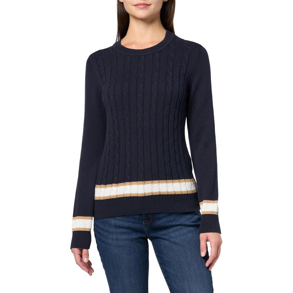 imageNautica Womens Solid Cable Long Sleeve Tipped SweaterNight Sky Multi