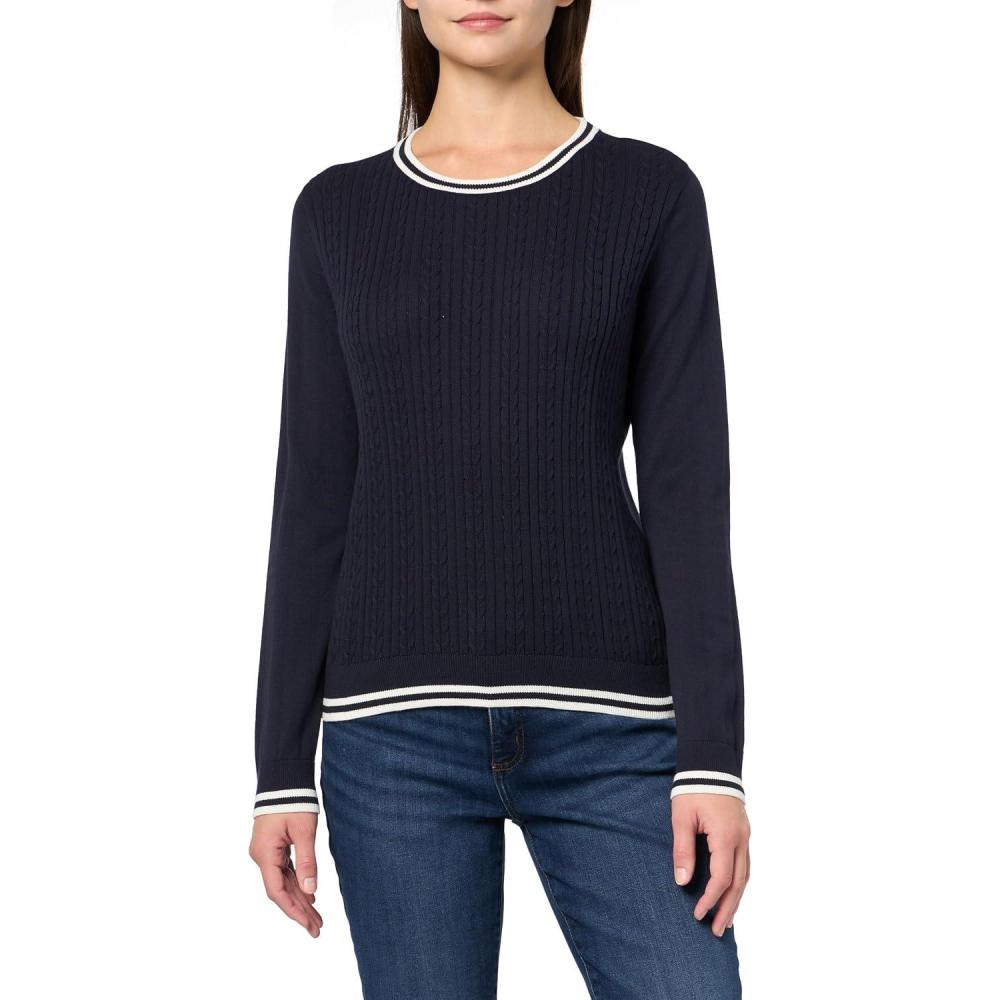 imageNautica Womens Solid Cable Long Sleeve Tipped SweaterNight SkyIvory