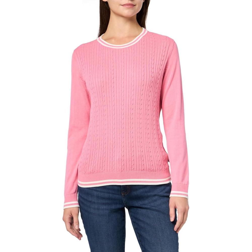 imageNautica Womens Solid Cable Long Sleeve Tipped SweaterPeonyIvory
