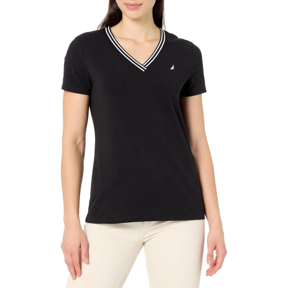 imageNautica Womens Solid VNeck Short Sleeve TShirtBlack
