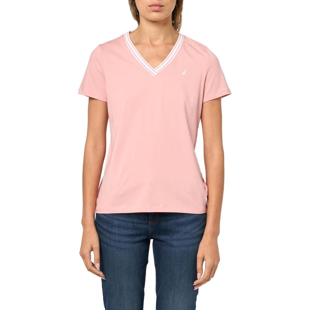 imageNautica Womens Solid VNeck Short Sleeve TShirtBridal Rose