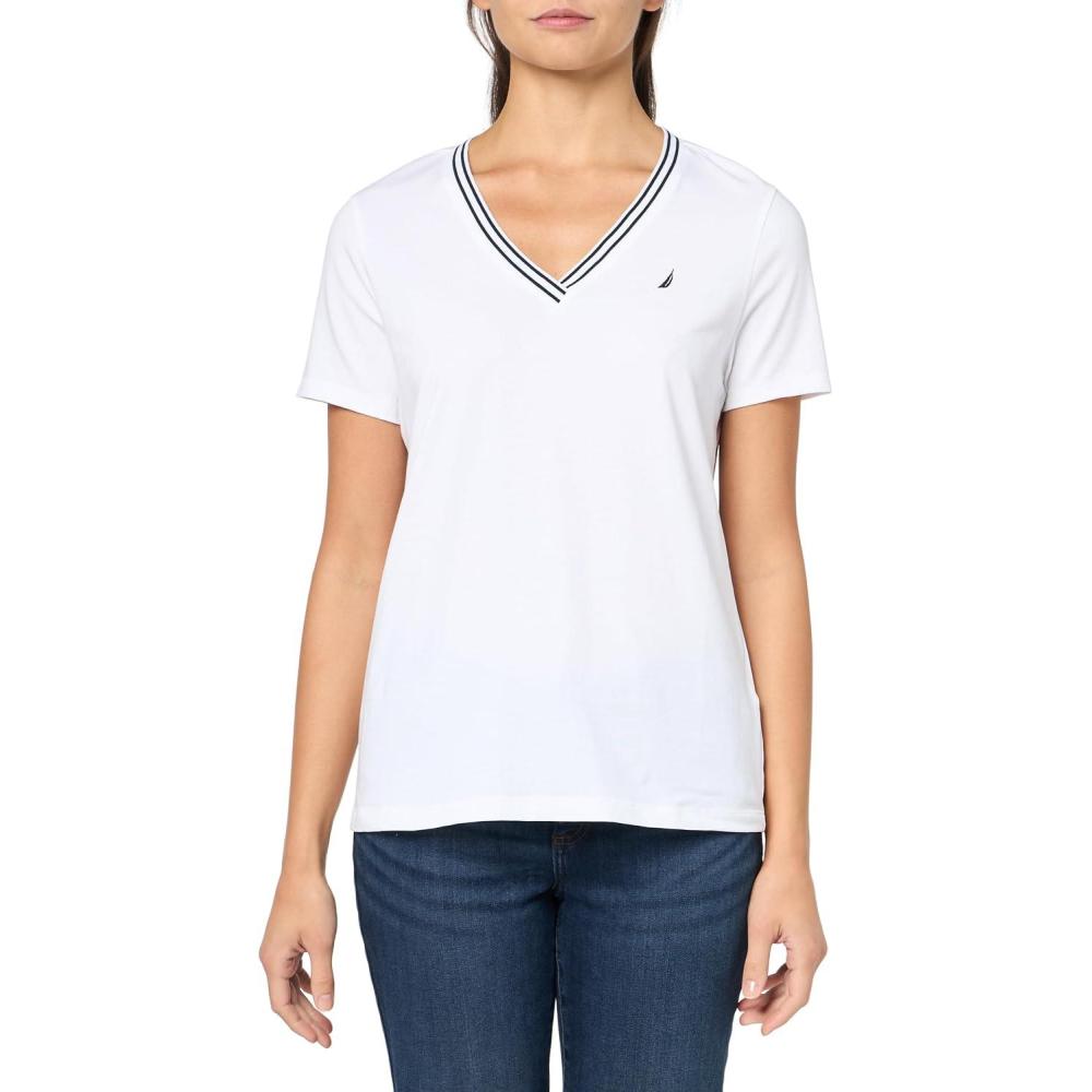 imageNautica Womens Solid VNeck Short Sleeve TShirtBright WhiteWhite