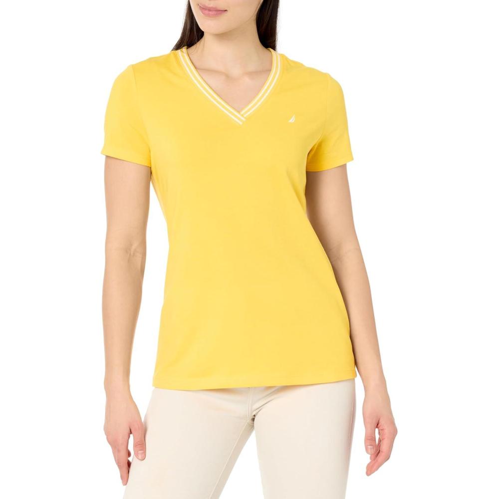 imageNautica Womens Solid VNeck Short Sleeve TShirtDaffodil
