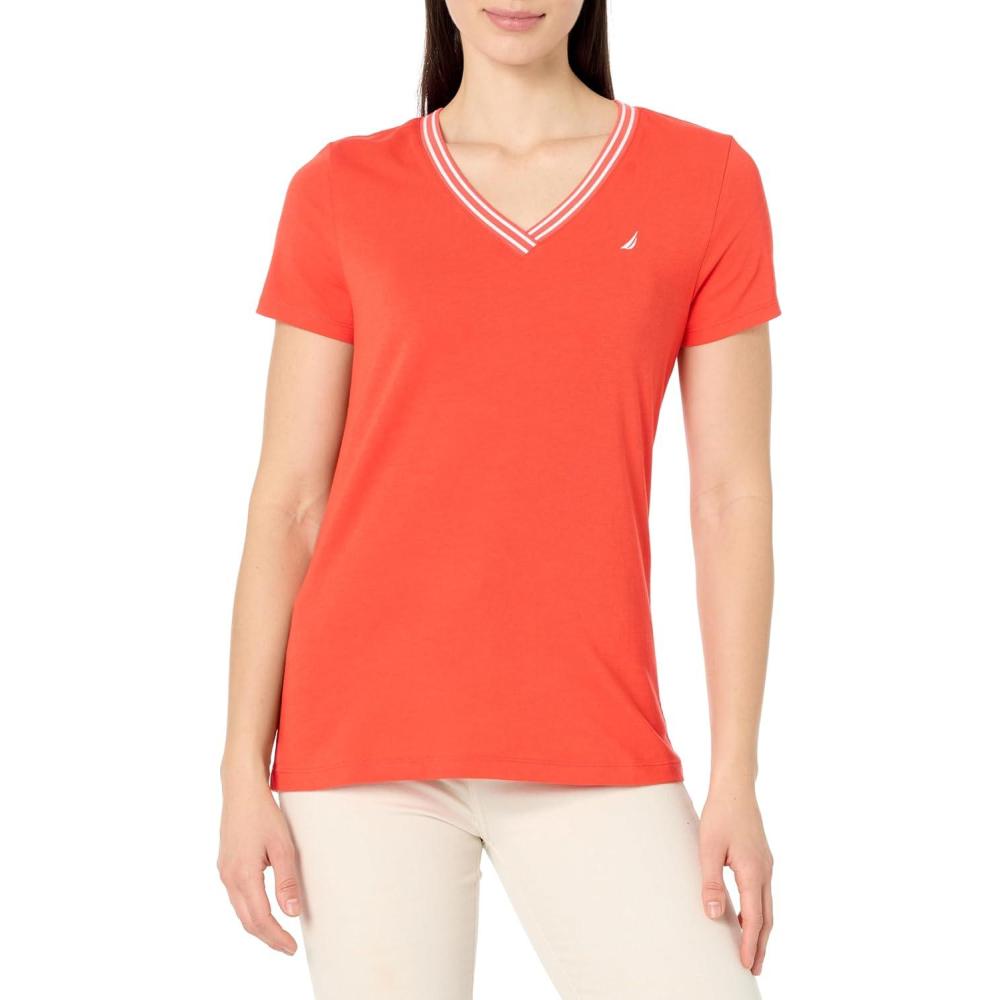 imageNautica Womens Solid VNeck Short Sleeve TShirtGrenadine