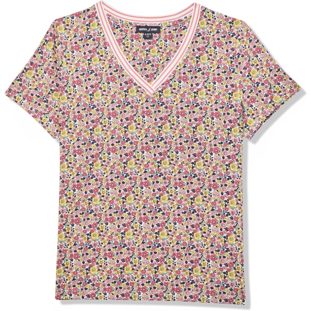 imageNautica Womens Solid VNeck Short Sleeve TShirtMango Multi