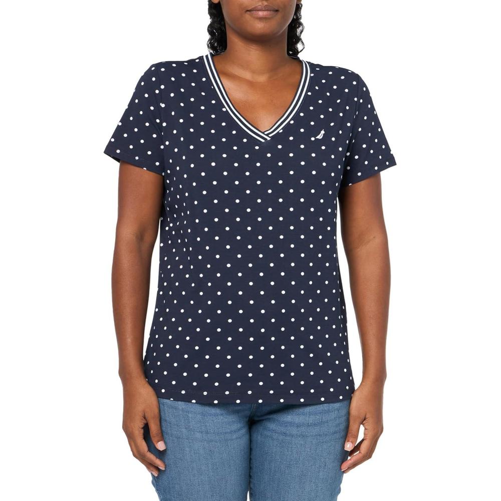 imageNautica Womens Solid VNeck Short Sleeve TShirtNight SkyWhite Bright