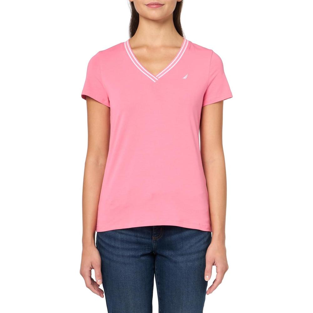 imageNautica Womens Solid VNeck Short Sleeve TShirtPeony