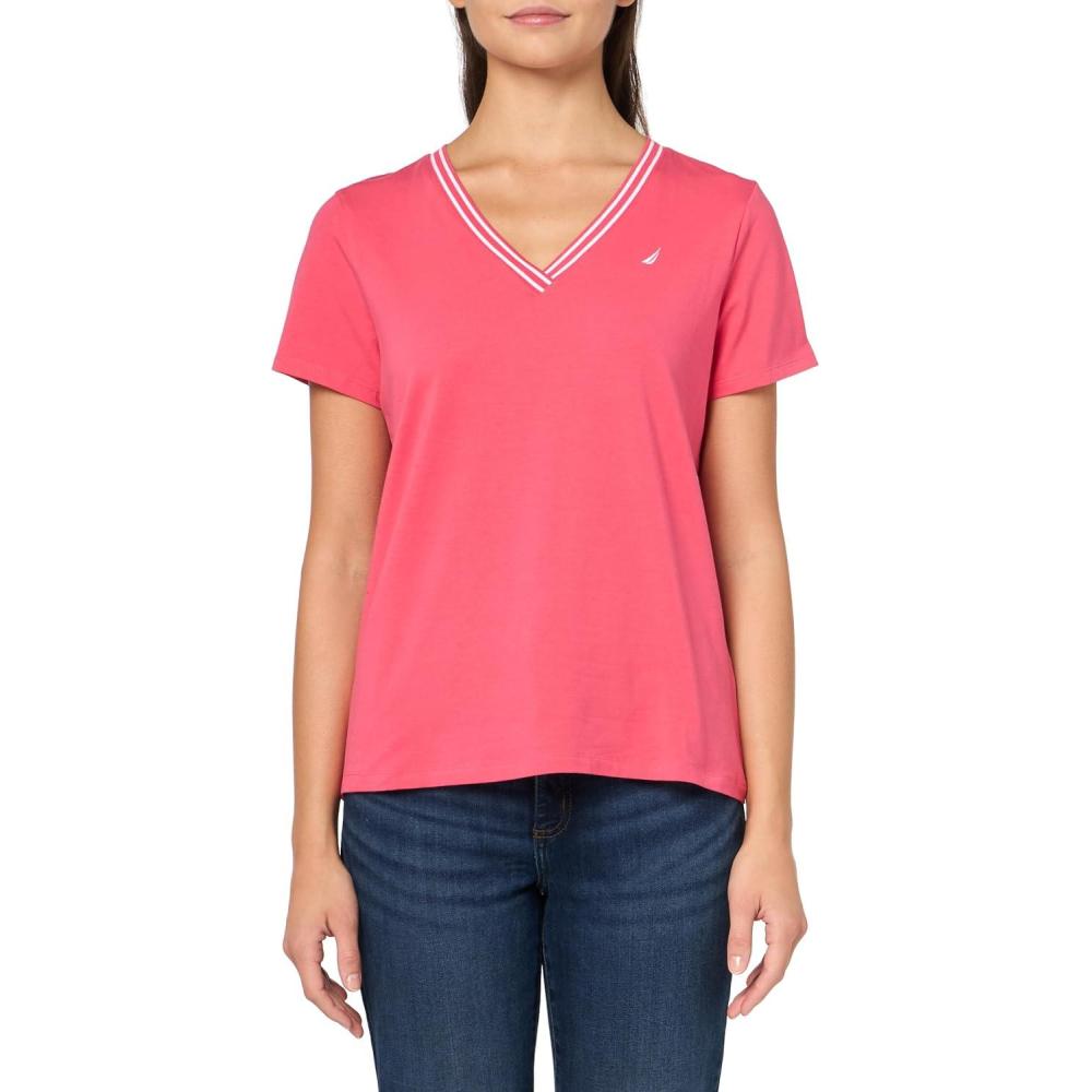 imageNautica Womens Solid VNeck Short Sleeve TShirtRosette