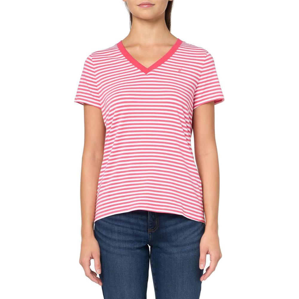 imageNautica Womens Solid VNeck Short Sleeve TShirtRosetteBright White