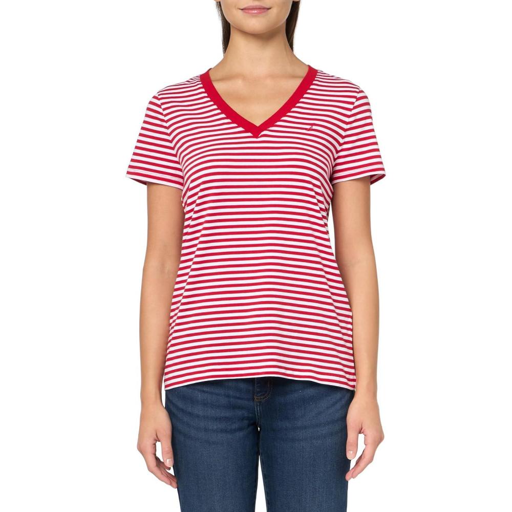 imageNautica Womens Solid VNeck Short Sleeve TShirtScarletBright White