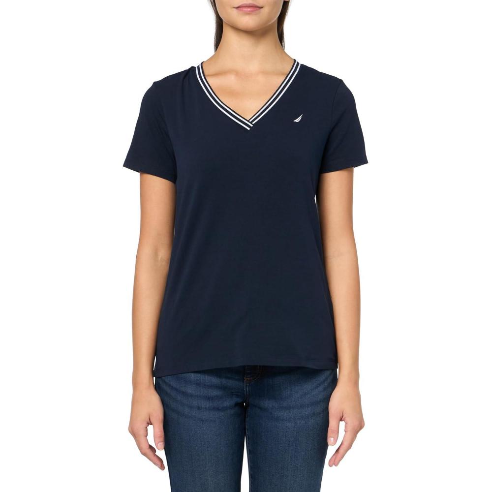imageNautica Womens Solid VNeck Short Sleeve TShirtSky Captain
