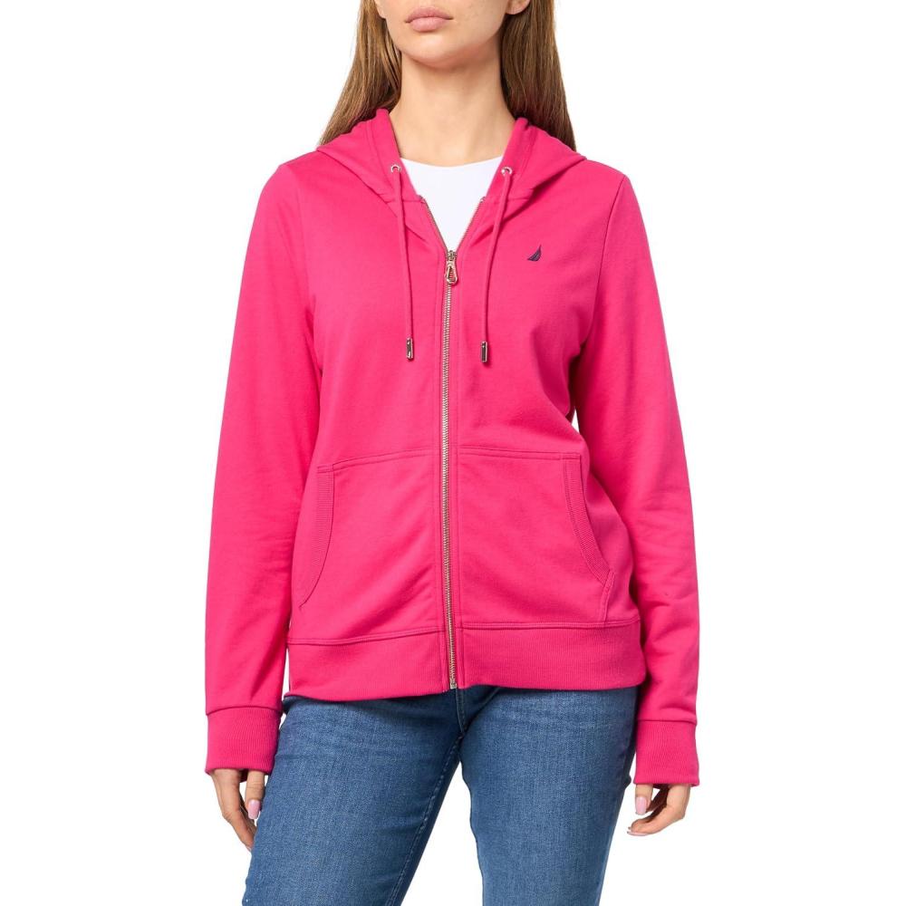 imageNautica Womens Solid Zipper Long Sleeve Hoodie SweatshirtAster Pink