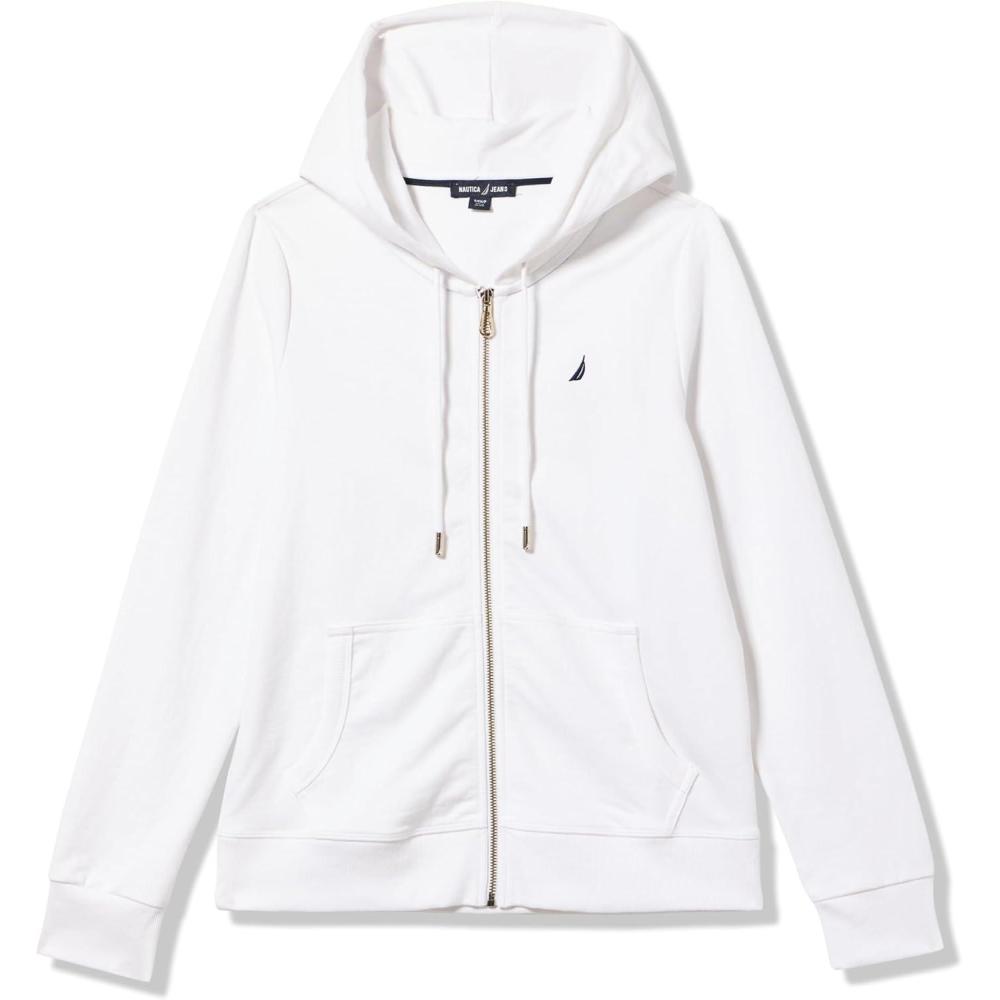 imageNautica Womens Solid Zipper Long Sleeve Hoodie SweatshirtBright White